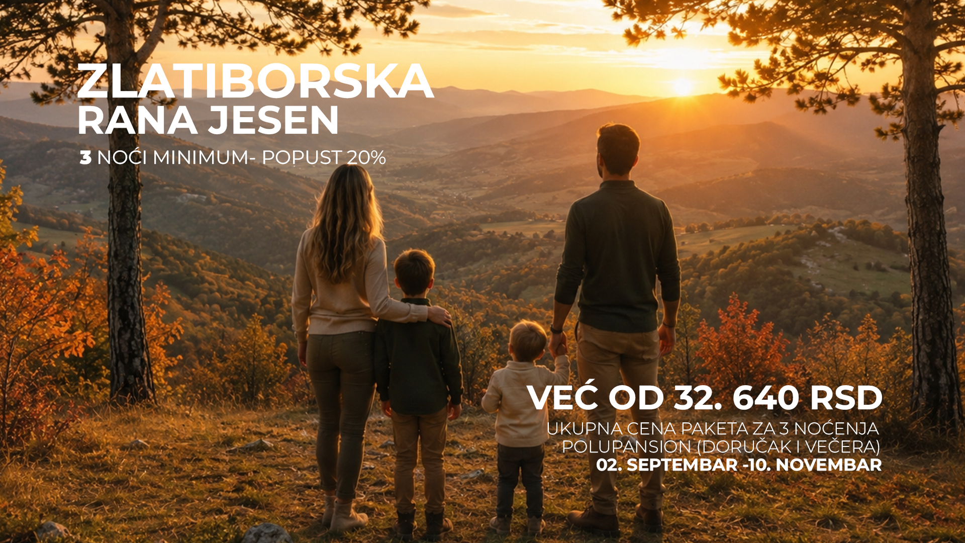 Promotivni baner za paket Zlatiborska rana jesen sa 20% popusta, prikazuje porodicu koja posmatra jesenji zalazak sunca na planini.
